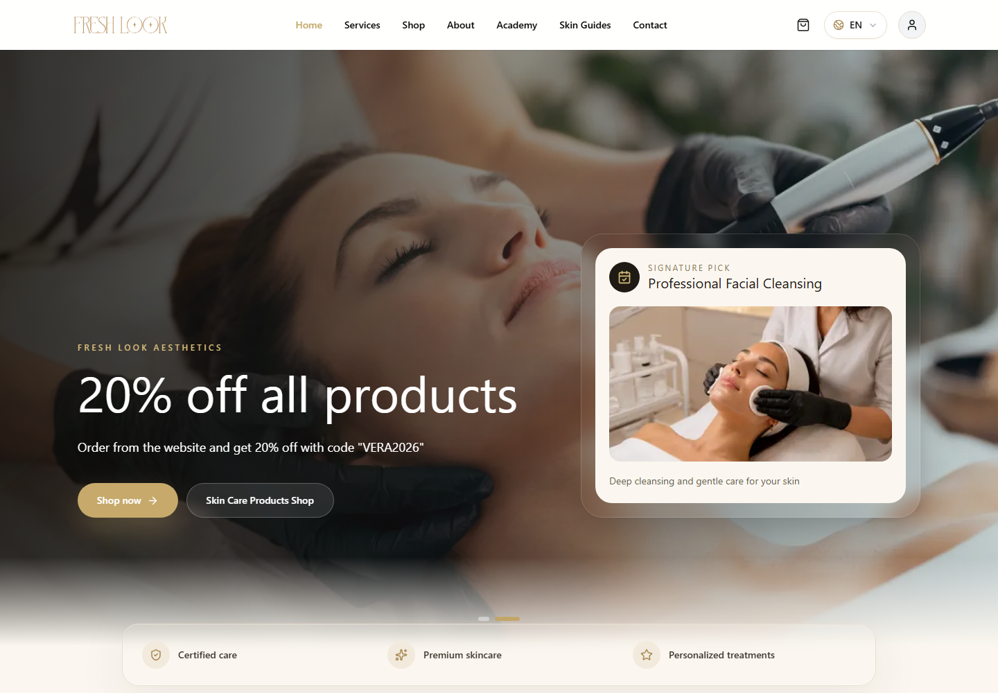 Fresh Look Aesthetics website, real homepage view